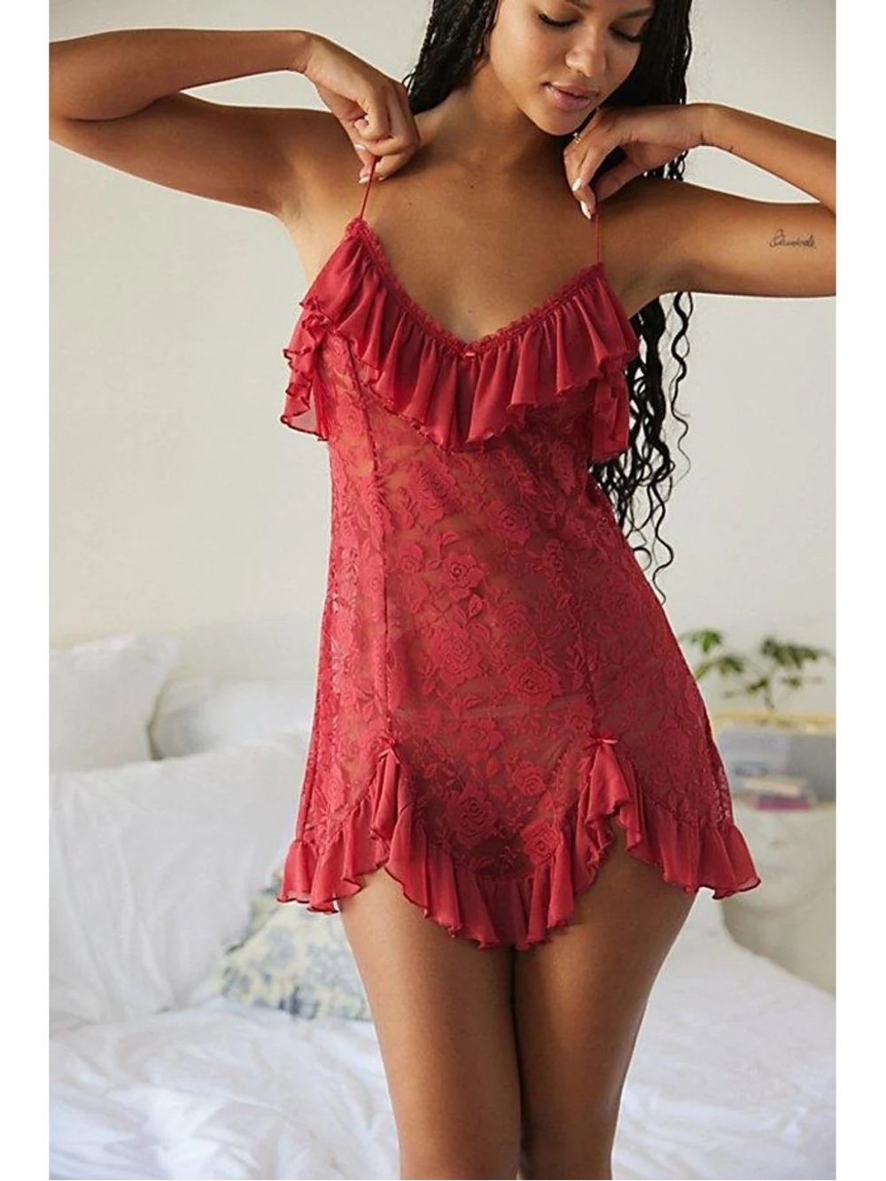 Out From Under Red Rose Lace Ruffle Babydoll Size S Coquette Romantic sheer